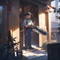 A woman holding a chainsaw standing in front of a house. Generative AI image.