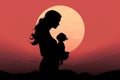 Woman Holding Child in Front of Sunset Silhouette Image, Minimalistic silhouette artwork of a mother holding her baby, symbolizing