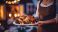 Woman holding Christmas dinner with roasted turkey. AI generated image