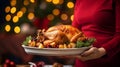 Woman holding Christmas dinner with roasted turkey. AI generated image