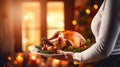 Woman holding Christmas dinner with roasted turkey. AI generated image