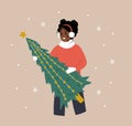 Woman holding Christmas tree. African smiling girl preparing for winter holidays. People buying Christmas fir on the