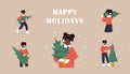 Woman holding Christmas tree. Set of Merry Christmas illustrations. African smiling girls preparing for winter holidays