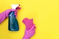 Woman holding cleaning towel and detergent spray bottle on yellow background Royalty Free Stock Photo