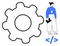 Female developer standing next to a giant gear and coding symbols representing teamwork and innovation Royalty Free Stock Photo