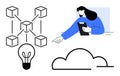 Female professional with clipboard pointing, blockchain network, light bulb, and cloud concept Royalty Free Stock Photo