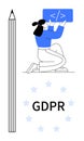 Woman holding code sign near GDPR text surrounded by stars alongside pencil element Royalty Free Stock Photo