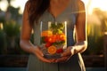 Woman holding a collection of vital food supplements to support a healthy and balanced lifestyle