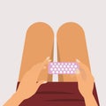 Woman holding contraceptive pills in the bed room., Health and medical concept