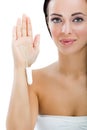 Woman holding cotton hygienic tampon Royalty Free Stock Photo