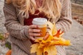 Woman holding cup of coffee in the hands outdoor. Beautiful woman drinking coffee in autumn park Royalty Free Stock Photo