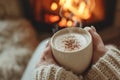 Woman Holding Cup of Hot Chocolate in Front of Fireplace