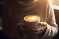Woman holding cup of hot coffee with heart shape on the surface, neural network generated image Royalty Free Stock Photo