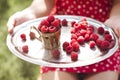 Woman holding a cup of raspberries Royalty Free Stock Photo