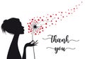 Woman holding dandelion with hearts, vector thank you card Royalty Free Stock Photo