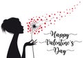 Woman holding dandelion with hearts, vector Valentines day card Royalty Free Stock Photo