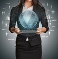 Woman holding digital network over tablet pc Royalty Free Stock Photo