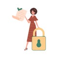 The woman is holding a document in her hand. Data protection concept. Smart contract. Modern style character