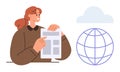 Woman Reviewing Document with Globe and Cloud Symbolizing Global Communication and Information Sharing Royalty Free Stock Photo