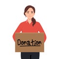 Woman Holding Donation Box Vector Illustration. Volunteer in humanitarian cause collecting altruist supporting aid doing community