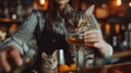 A woman holding a drink with two cats sitting on the counter, AI Royalty Free Stock Photo