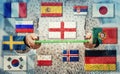 Woman holding electronic tablet as national flags show different languages spoken in the world. Learning and speaking many