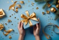 Woman holding elegant gift box with gold ribbon on background with confetti. Christmas, New Year, Royalty Free Stock Photo