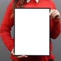 Woman holding empty frame with space for your advertisement against gray background Royalty Free Stock Photo