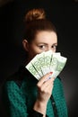 Woman holding euro bills Royalty Free Stock Photo