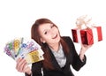 Woman holding euro money, and gift box. Royalty Free Stock Photo