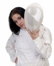 Woman Holding Fencing Mask Wearing Fencing Jacket
