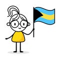 Woman holding flag of Bahamas isolated on white background. Hand drawn doodle line art man. Concept of country. Vector stock Royalty Free Stock Photo