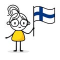 Woman holding flag of Finland isolated on white background. Hand drawn doodle line art man. Concept of country. Vector stock