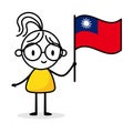 Woman holding flag of Taiwan isolated on white background. Hand drawn doodle line art man. Concept of country. Vector stock