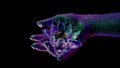 Woman holding fragile crystal lotus flower. Hand covered with shining glitter under neon colored light. Concept of