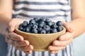 Woman holding fresh ripe blueberries in bowl, closeup Royalty Free Stock Photo