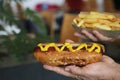 Woman holding fresh tasty hot dog with mustard and french fries in cafe, closeup. Space for text Royalty Free Stock Photo