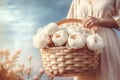 Woman holding full basket of peonies blossom. Generate Ai