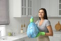 Woman holding full garbage bag at home Royalty Free Stock Photo