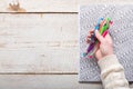 Woman holding gel pens, Adult coloring books, new stress relieving trend Royalty Free Stock Photo