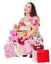 Woman holding gift box at birthday party. Royalty Free Stock Photo
