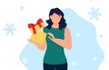 Woman holding gift box. Girl with christmas present. Royalty Free Stock Photo