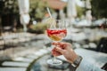 Woman holding a glass of fresh juice with strawberries and lemons Royalty Free Stock Photo