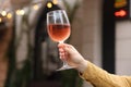 Woman holding glass of rose wine outdoors, closeup Royalty Free Stock Photo