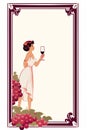 a woman holding a glass of wine in front of a frame with grapes