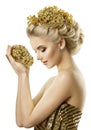 Woman Holding Golden Flowers Jewelry, Young Fashion Girl Dreams, White Royalty Free Stock Photo