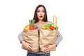 Woman holding grocery shopping bags Royalty Free Stock Photo