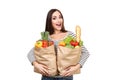 Woman holding grocery shopping bags Royalty Free Stock Photo