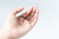 Woman holding hair loss on hand after washing hair for health ca Royalty Free Stock Photo