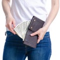 Woman holding in hand money dollars wallet Royalty Free Stock Photo